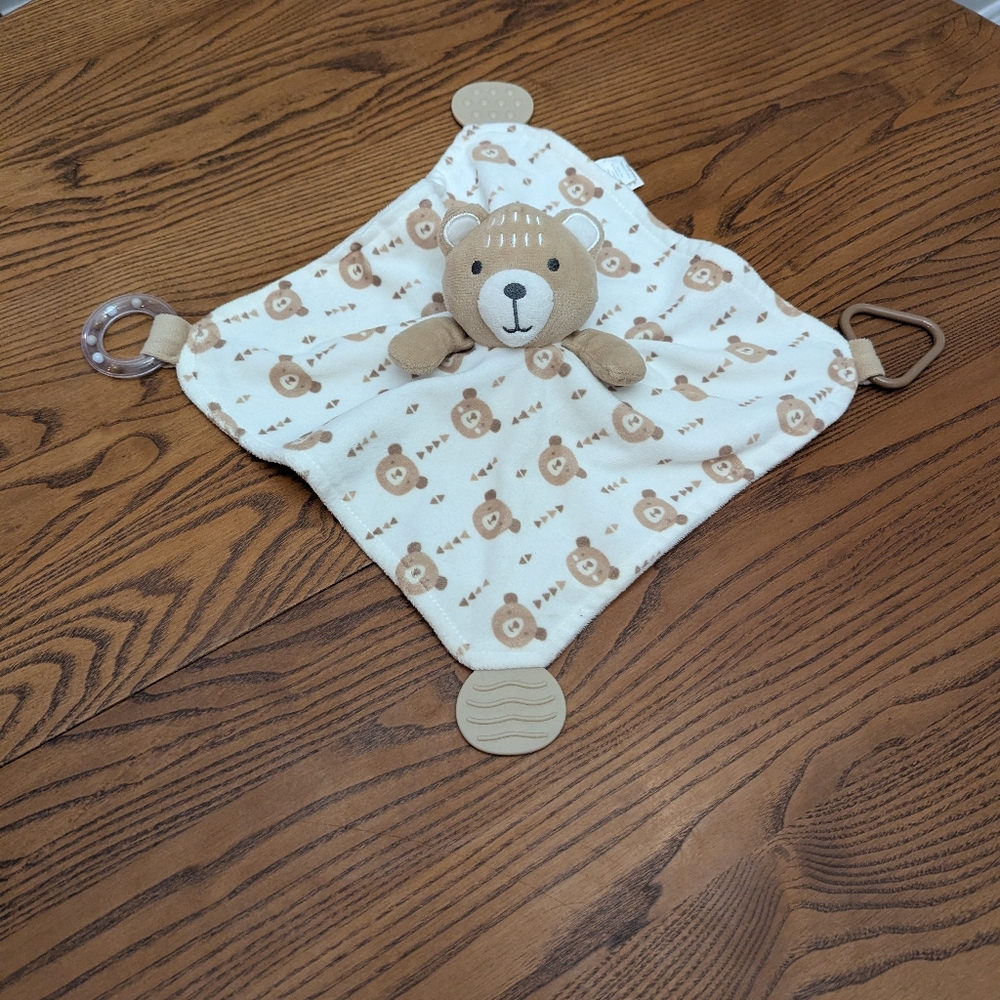Modern Baby - Tan and White Bear Comfort Blanket Lovey. Rattle Teethers